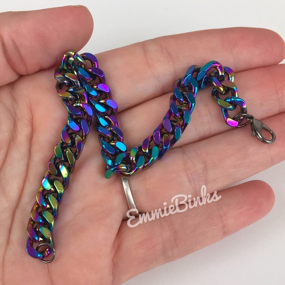 ✨3for$38 New Oil Slick Rainbow Chain Link Bracelet Holographic Miami Cuban - Picture 8 of 13